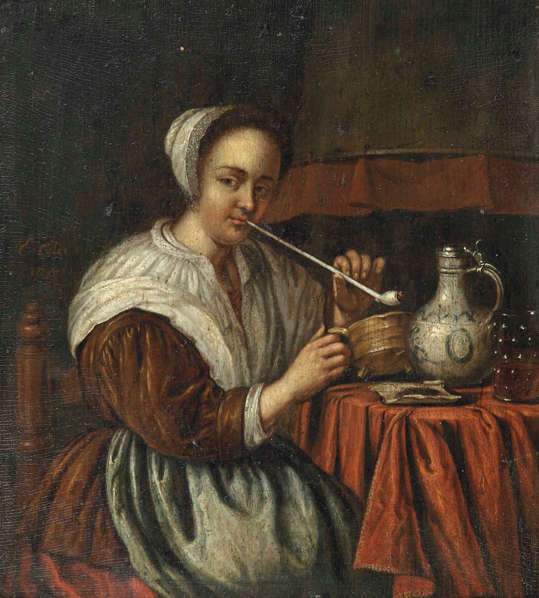 Edwaert Collier (Breda c.1640-1708 London) , A woman smoking a pipe at a table | Christie's