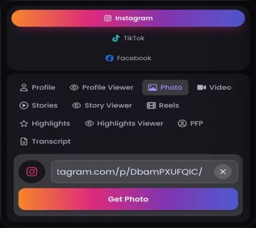 A public Instagram photo link pasted into the ClipsSaver field, with the button showing the Downloading state