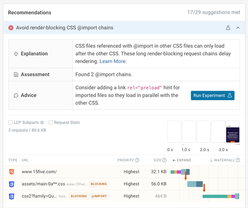 DebugBear performance recommendation showing sequential request chain caused by @import