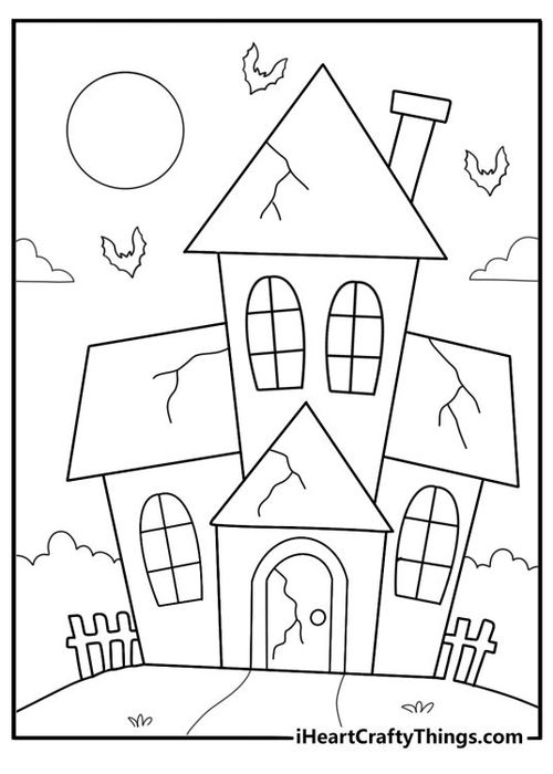 haunted house with crooked fence around it simple coloring page