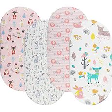 Onacosht Bassinet Sheets for Baby Boy and Girl, Stretchy Fitted Sheet Universal for Bassinet Cradle Hourglass Oval Rectangle Pad/Mattress, 4 Pack Deer, Elephant, Rabbit and Squirrel Printing