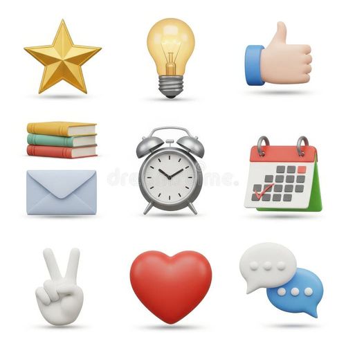 This image features a variety of emoji symbols arranged in a grid. The symbols include a star, light bulb, thumbs up, stack of books, envelope, alarm clock, calendar, peace sign, heart, and speech bubble. Emoji symbols illustrations