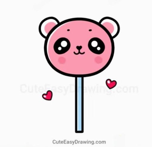 "Cute Cartoon Drawing of a  Panda Lollipop Candy in a Kawaii Style with floating hearts around"