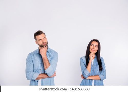 Portrait of his he her she nice-looking pretty attractive lovely charming cute cheerful curious persons asking question first date isolated over light white pastel background Stock Photo