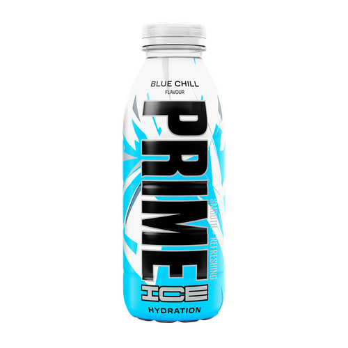 The front view of a smooth-and-refreshing bottle of Blue Chill PRIME ICE Hydration.