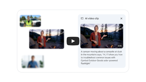播放视频：一张 Veo 3 缩略图，呈现了一位身处露营地的 AI 人物，形象栩栩如生，下面还附有指明所需动作和语音的简短提示
