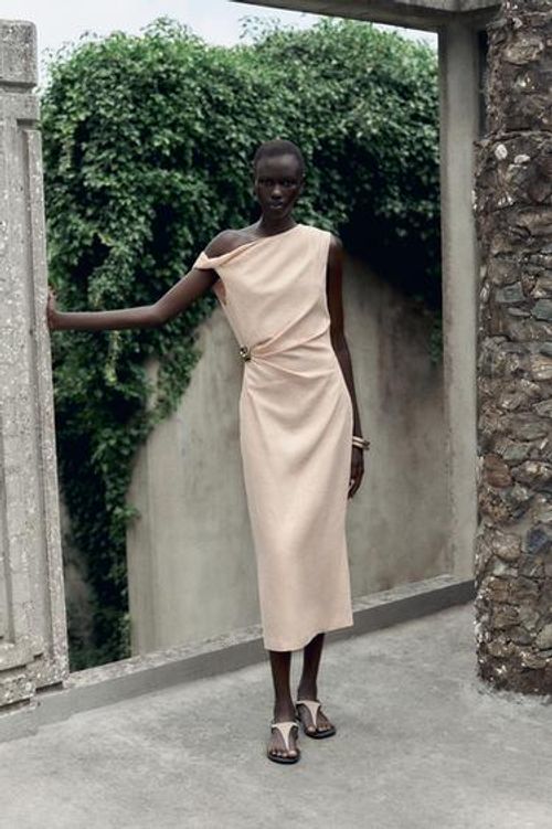 Zara ASYMMETRIC LINEN-BLEND MIDI DRESS WITH APPLIQUÉ - Peach