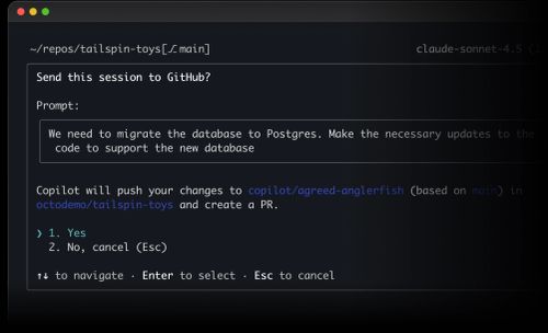 Terminal prompt asking whether to send a session to GitHub, showing a migration message and Yes/No options.