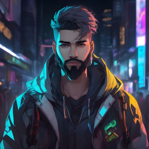 一位留胡须的赛博朋克男孩