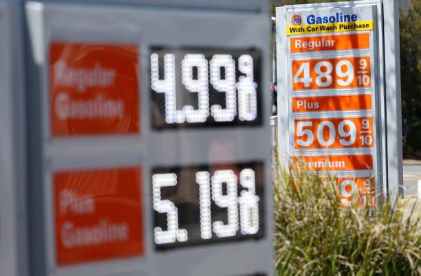 Gas prices over $5.00 a gallon are displayed at a gas station on April 12, 2023 in San Rafael, California. According to a report by the Bureau of...