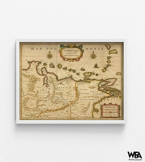 Venezuela 1630, Map Of South America, Caribbean Map Print, Tropical Country Old Map, Venezuelan Antique Map Poster, Latin American Decor White Frame