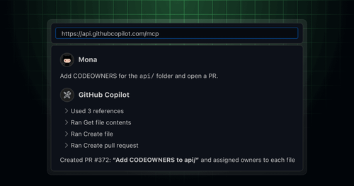 GitHub Copilot Agent Mode UI showing a user issuing a command to add CODEOWNERS for the api/ folder and open a PR. Copilot call the MCP server's tools to use references, retrieve file contents, create a file, and submit a PR with the message 'Add CODEOWNERS to api/'.