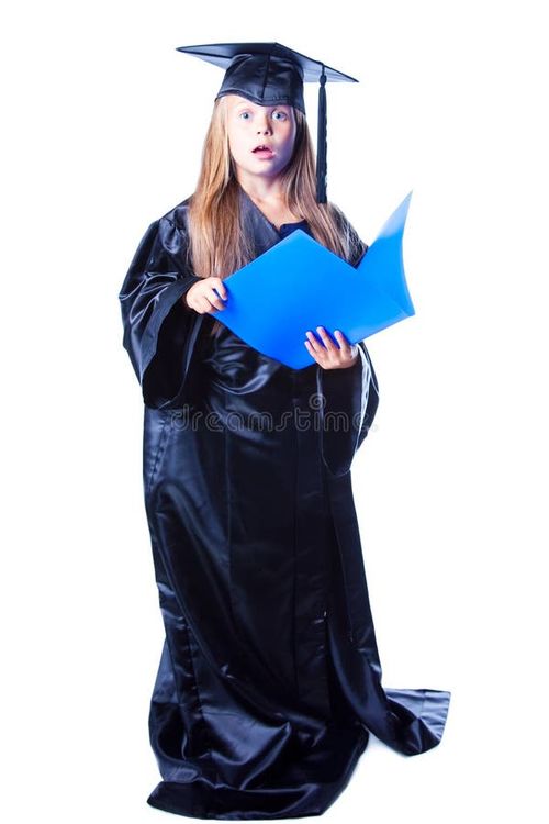 Portrait of the beautiful girl with long fair hair wearing bachelor hat and graduation gown making speech and holding blue book on isolated white background. Bachelor degree stock images, royalty-free photos and pictures