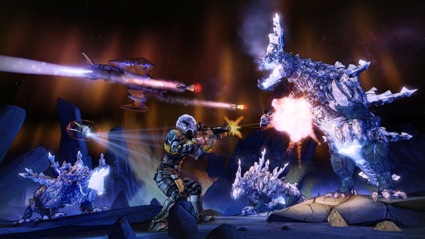 Still from the video game Borderlands: The Pre-Sequel. A person in an armored spacesuit and helmet is firing a machine gun at a giant dinosaur-like beast with rocky scales and spines. There are two more of these creatures lurking in the background. There is also a small spaceship in the sky that is firing missiles at the creature too.