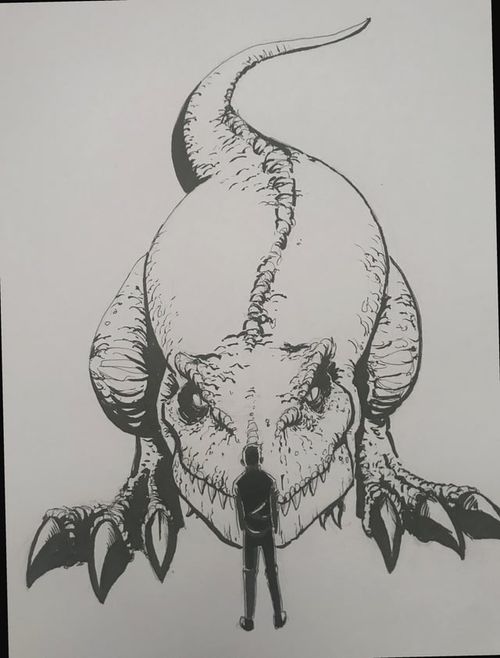 r/DinosaurDrawings - Staring down a T-Rex. Practicing with my new ink brush pen.