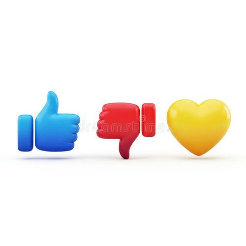 Three 3D emoji symbols, a blue thumbs-up, a red thumbs-down, and a yellow heart, arranged in a row against a white background. Emoji symbols illustrations
