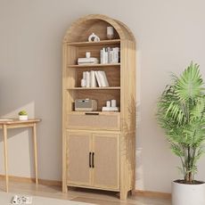 Janmer Home 79" Tall Arched Bookcase with Storage, Mid Century Modern 6-Tier Cabinet with Door and Drawer, Arched Bookshelf with Open Display Shelf for Office Living Room (Natural, 79inch-Doors)