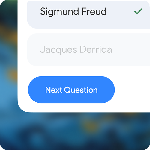 A cropped screenshot of a multiple-choice question on a phone screen. The answer "Sigmund Freud" is selected with a green checkmark, while "Jacques Derrida" is unselected. A blue button below reads "Next Question."
