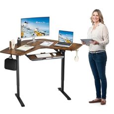 ETHU Electric L-Shape Standing Desk with Keyboard Tray, Height Adjustable 29-42 inches, Modern Style, Brown, For Home Office, Gaming, Work