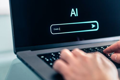 AI prompt chat bot. Search website to generate data, text or image. Man using computer with artificial intelligence app. Virtual assistant in digital creative work. Content generator technology.