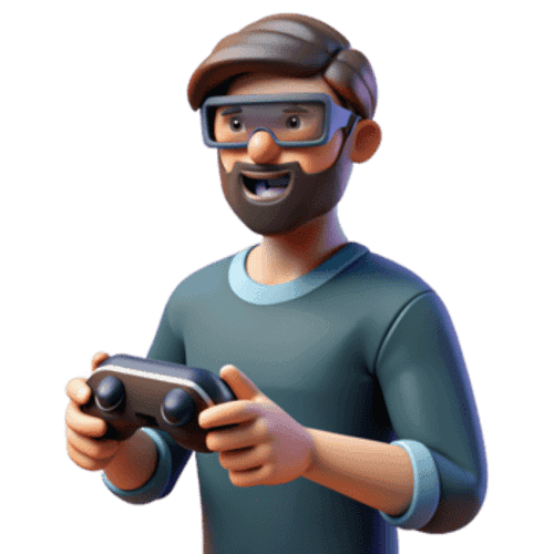 Virtual reality Man Gamer hands holding gaming console controller. joyful man in 3d glasses. png