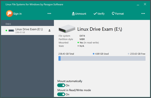 The Linux File Systems for Windows main screen.
