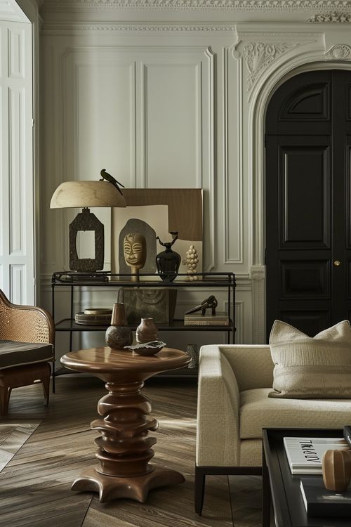 Retro neutral living room with earthy sculptural art & herringbone floors