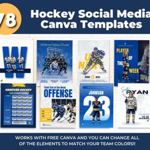 May include: A collection of 78 hockey-themed social media Canva templates. The templates feature various designs with hockey players, team rosters, and game statistics. The color scheme includes blue, white, and yellow. Text includes "Hockey Social Media Canva Templates" and "Works with Free Canva".