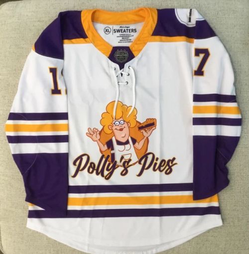 Late Game Movie Pollys Pies Beer League Hockey Jersey feat. on Spittin Chiclets