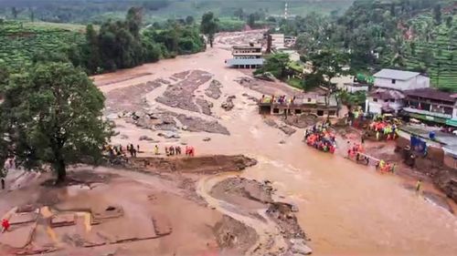 Wayanad: A drone view of a landslide site in Chooralmala, in Wayanad district(PTI)