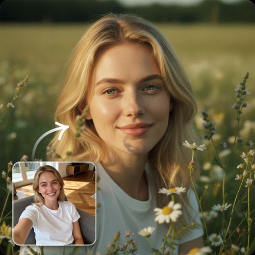 Use google gemini ai image generator to turn a selfie of a woman into a portrait dotted with flowers