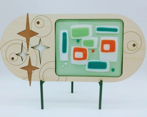 Mid-Century Modern Atomic Design Retro Graphic Glass Art Mounted in Board in Mint, Orange, White and Teal