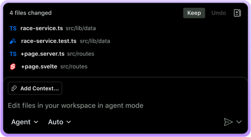 VS Code Copilot agent mode showing 4 files changed with Keep/Undo options and an "Edit files in your workspace in agent mode" prompt.