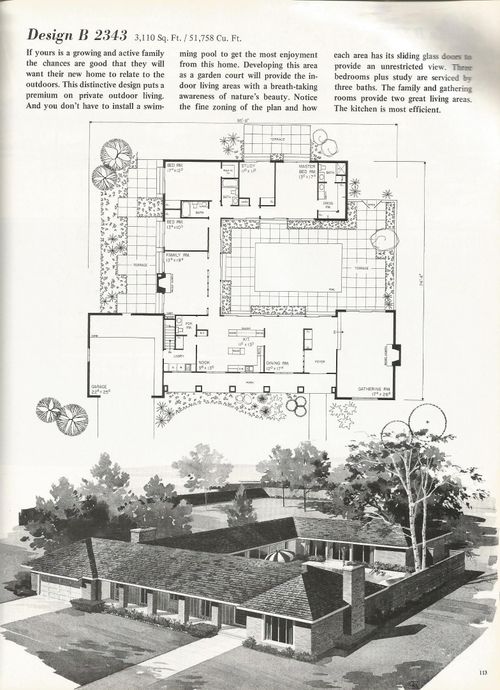 Vintage House Plans, 2000 square feet,  mid century homes Dream House Plans, Modern House Plans, Modern House Design, House Floor Plans, Br House, Sims House, Courtyard House Plans, Courtyard Pool, Casa Patio