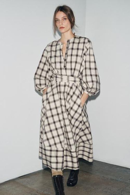 Zara ZW COLLECTION PLAID SHIRT DRESS - Ecru / Blue