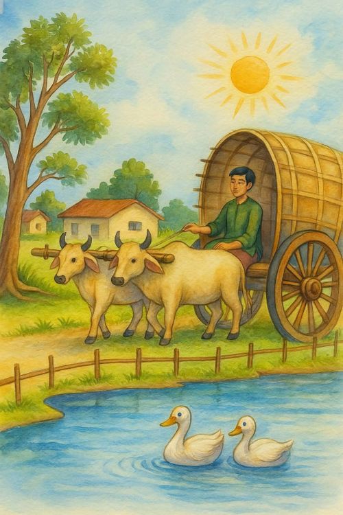 a man riding on the back of a horse drawn carriage next to two white cows