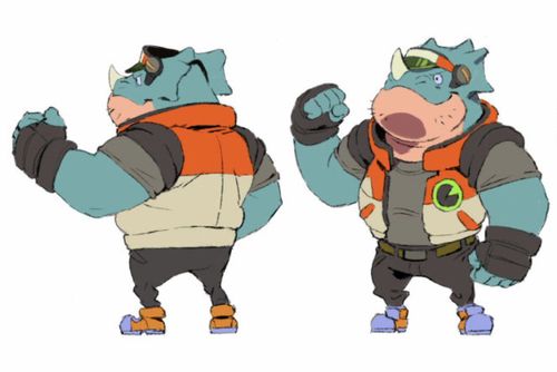 three cartoon characters in different poses, one wearing an orange vest and the other blue