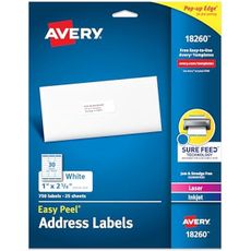 Avery Easy Peel Printable Address Labels with Sure Feed, 1" x 2-5/8" Customizable Stickers, White, 750 Blank Mailing Labels, Great for Mailing, Shipping, and More (18260)