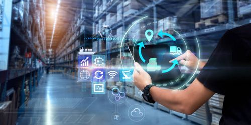 Business Logistics technology concept. Man hands using tablet on blurred warehouse as background importing stock pictures, royalty-free photos & images