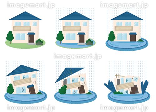水害を受ける住宅のベクターイラストセット ゲリラ豪雨,住宅ローン,ダメージのイラスト素材