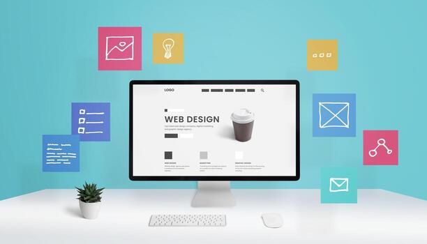 Website design, digital advertising agency concept with computer display and flying web page layout elements concept photo