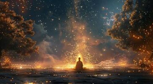 Foto de pessoa meditando em uma floresta mística com luz dourada