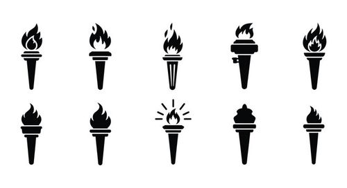 Collection of black silhouette torch icons demonstrating varying flame designs