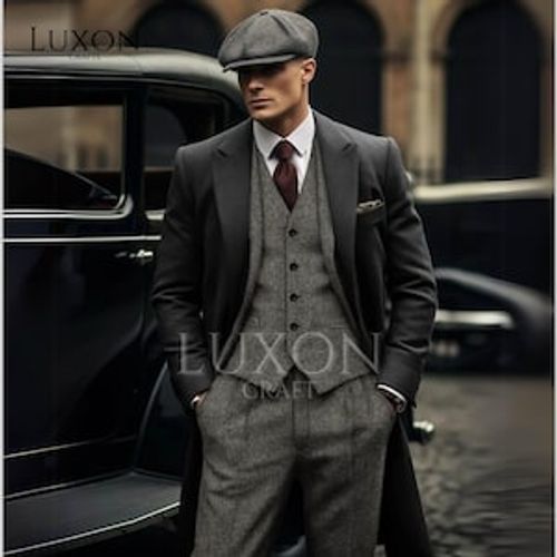 Men's 3-Piece Grey Tweed Suit with Long Coat | Peaky Blinders Style Vintage Wool Suit | 1920s Gangster Wedding Suit | Custom-Tailored Suit