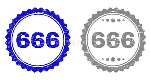 666 stamp seals with grunge texture in blue and gray colors isolated on white background. Vector rubber overlay of 666 text inside round rosette. Stamp seals with dust textures. 666 vectors
