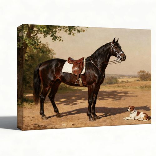 Canvas Wall Art, Black Horse and Dog Oil Painting Print, Vintage Equestrian Wall Art, Country Farmhouse Living Room Office...