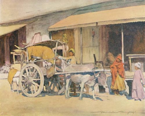 Bullock-cart, Ajmere', 1905. From India, by Mortimer Menpes. Text by Flora A. Steel. [Adam & Charles Black, London, 1905]. Artist Mortimer Luddington...