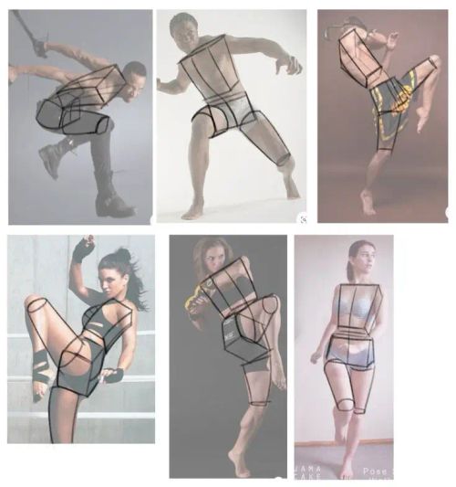 Poses for dynamic figure drawing with pose guidelines sketched over six images of people in action.