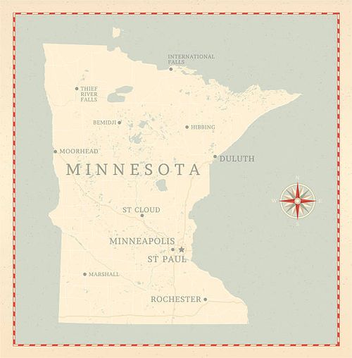 Vintage-Style Minnesota Map A vintage-style map of Minnesota with freeways, highways and major cities. Shoreline, lakes and rivers are very detailed. Includes an EPS and JPG of the map without roads and cities. Texture, compass, cities, etc. are on separate layers for easy removal or changes.  minnesota-map stock illustrations
