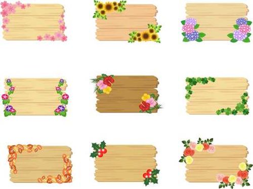 色々な花の看板 看板,花,フレーム,春夏秋冬,木製の看板,植物,落ち葉,葉,枠,飾り枠のイラスト素材